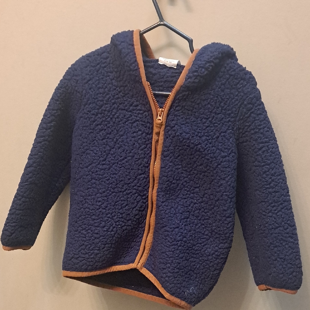 Navy Blue Sherpa Jacket with Brown Trim
